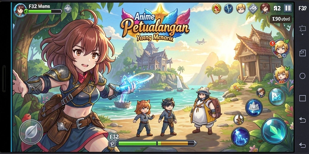 Tangkapan layar gameplay F32 yang menampilkan aksi pertempuran karakter anime.