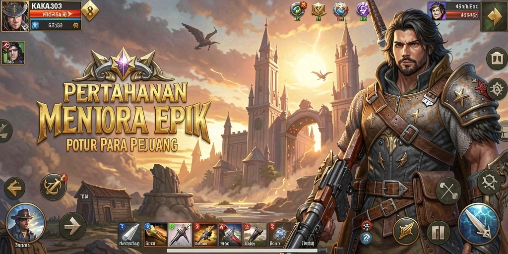 Screenshot menunjukkan aksi menara pertahanan yang mendebarkan di KAKA303.