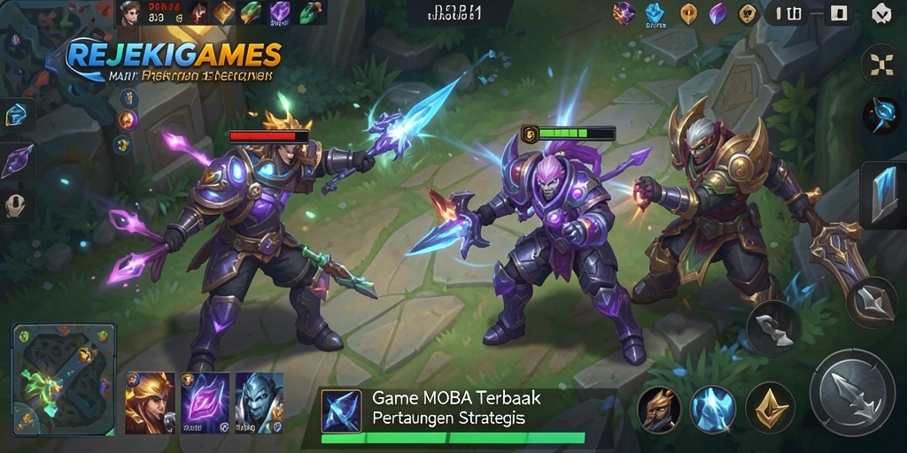 Screenshot gameplay REJEKIGAMES menampilkan pertempuran seru di arena MOBA.