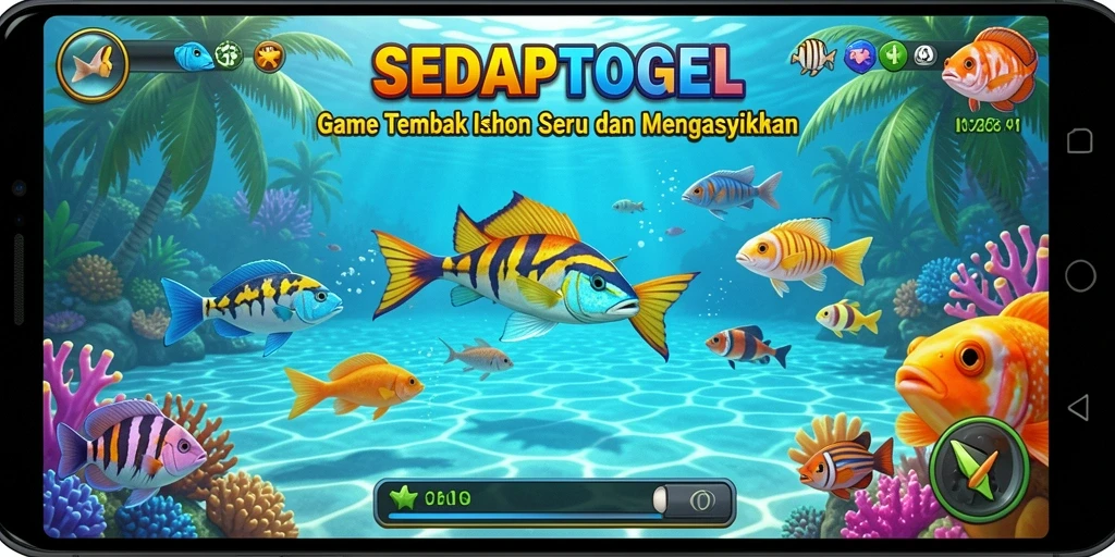 Tampilan gameplay SEDAPTOGEL dengan berbagai ikan yang bisa ditangkap.