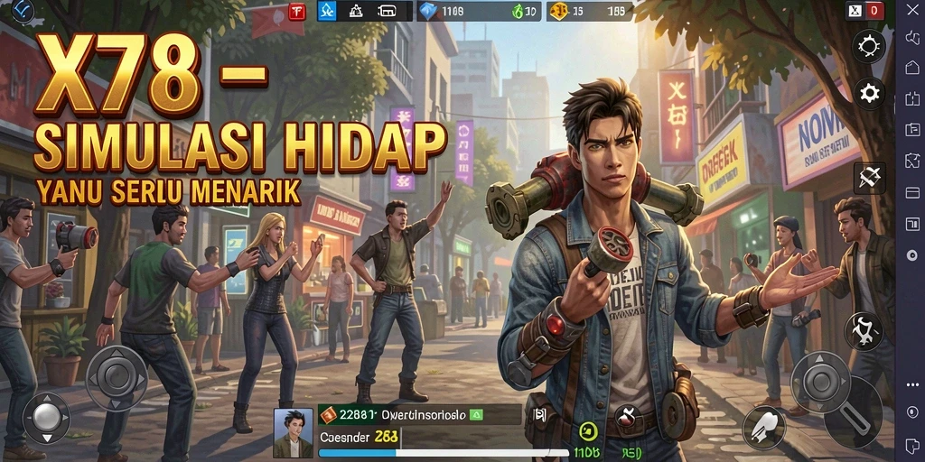 Screenshot X78 menampilkan karakter dalam lingkungan simulasi yang dinamis.